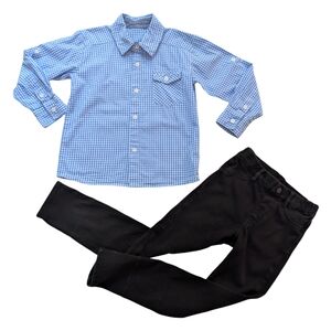Bienzoe Boys Kids Blue Plaid Shirts and Uniqlo Black Pants 5Y - 6Y